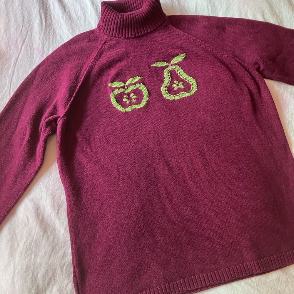 JEANNE PIERRE Burgundy Turtleneck Sweater with Fruit Design